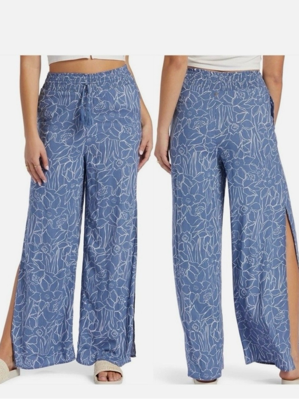 Roxy Tropical Rhythm Blue Floral Wide-Leg Side-Slit Pants Sz Large
